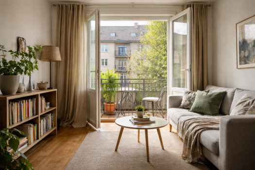Helles Wohnzimmer mit Balkonblick