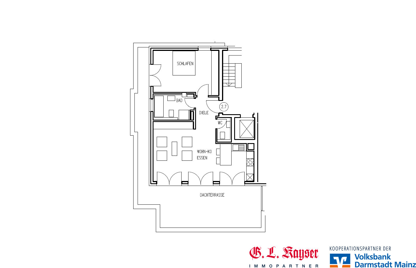 Zweizimmerwohnung mit großer Dachterrasse , EBK, Aufzug, TG-Stellplatz in Mainz-Kastel - Photo 1