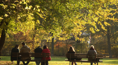 Menschen auf Parkbänken unter Baum