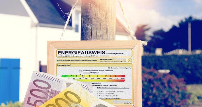Energieausweis hängt an einem Holzpfosten, im Vordergrund zwei Geldscheine