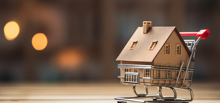 Kleines Modellhaus in einem Einkaufswagen als Symbol für die Immobilienpreise