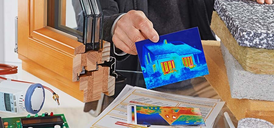 Materialen für die Gebäudesanierung: Fenster-Modell, Dämmplatten, Energieausweis, Thermostat