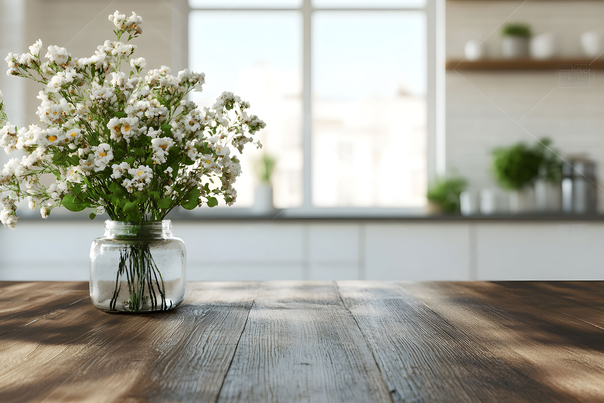 Helle Holzküche mit einer Vase weißer Blumen auf der Arbeitsfläche.