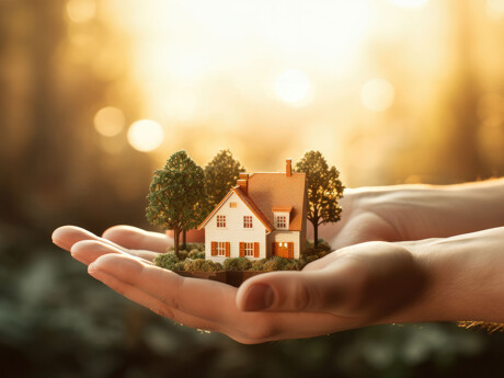Hände halten ein kleines Haus, das von Bäumen umgeben ist, symbolisierend für Schutz und Fürsorge.