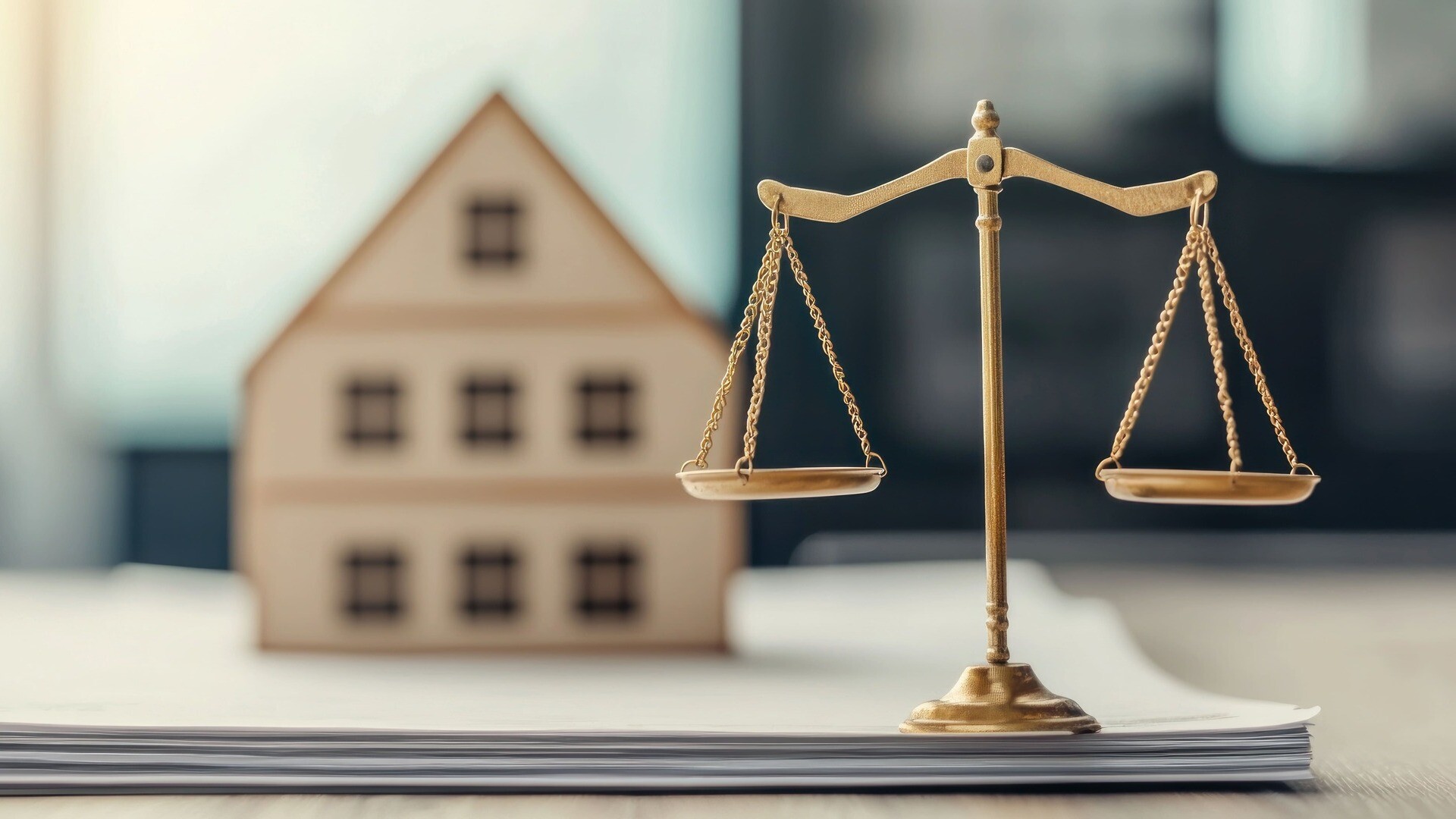 Waage im Vordergrund, dahinter ein Modellhaus