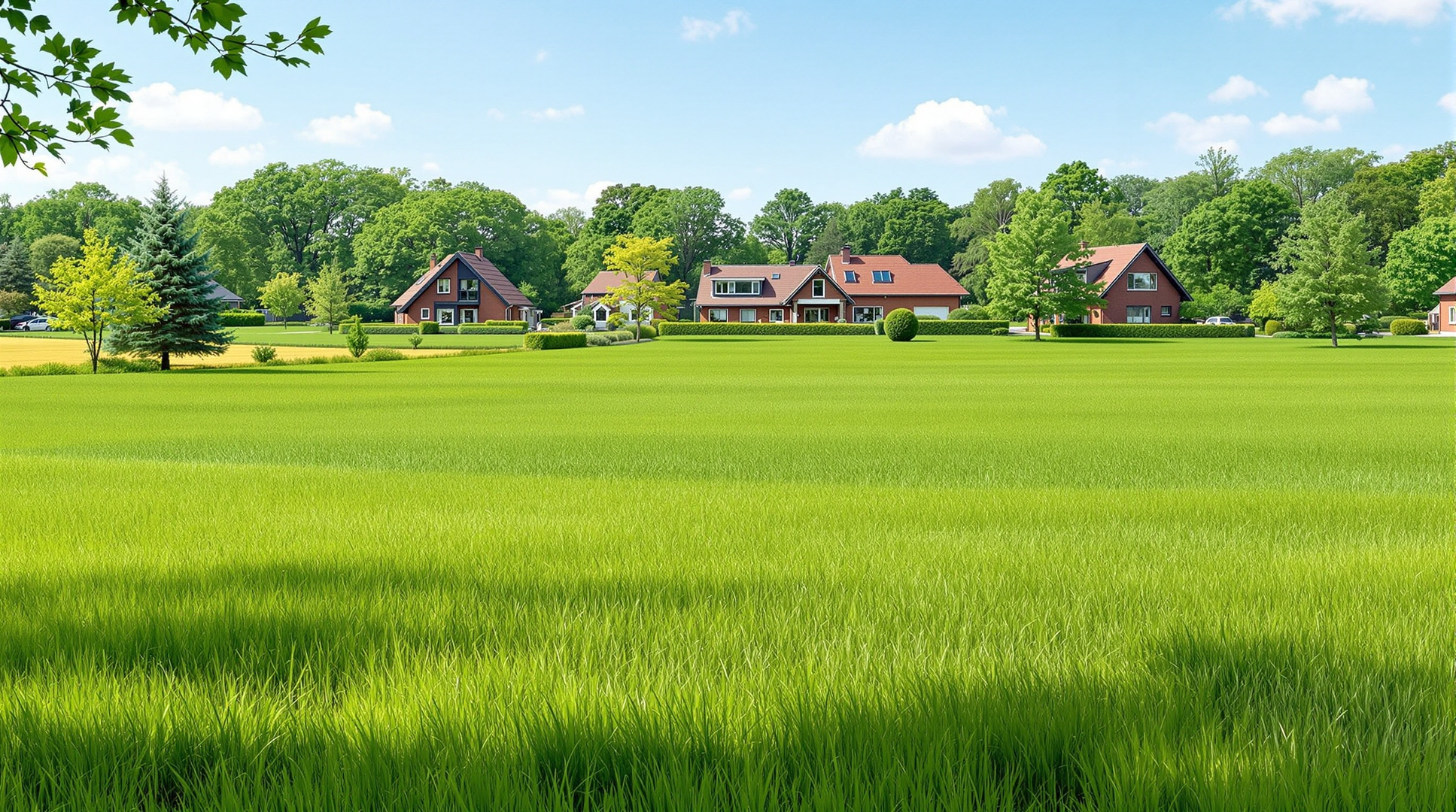 Große grüne Wiese, im Hintergrund einige Einfamilienhäuser