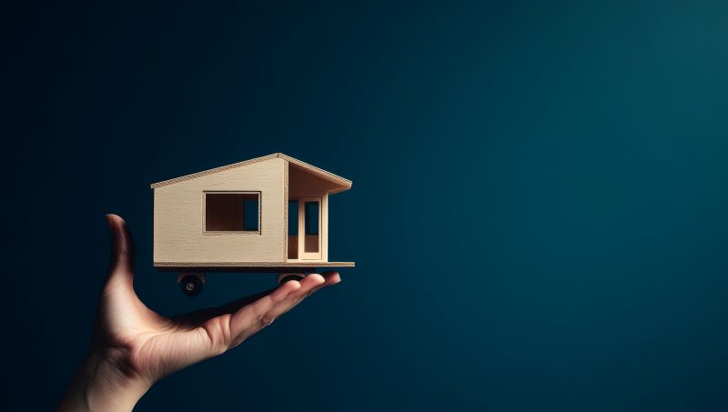 Hand hält Holzhaus