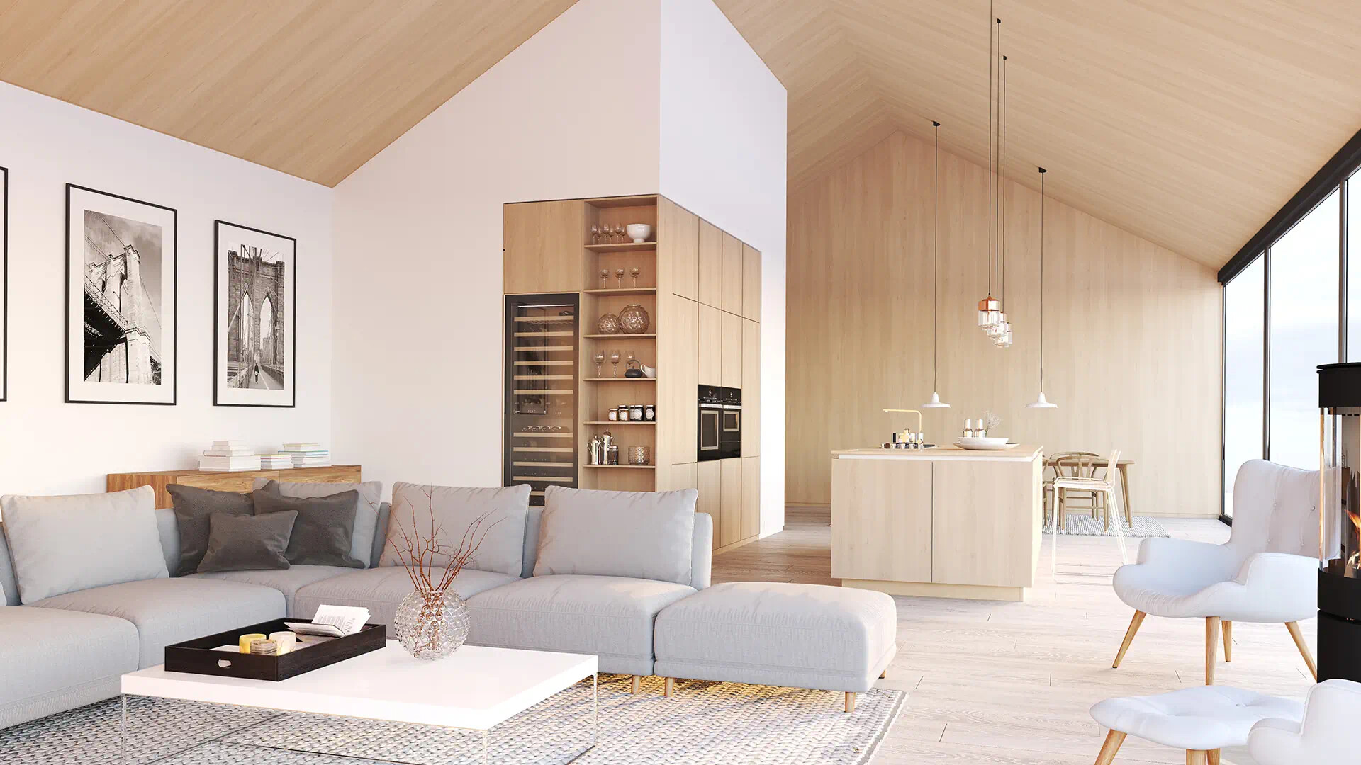 Wohnzimmer und Küche mit, grauem Sofa, großen Fenstern