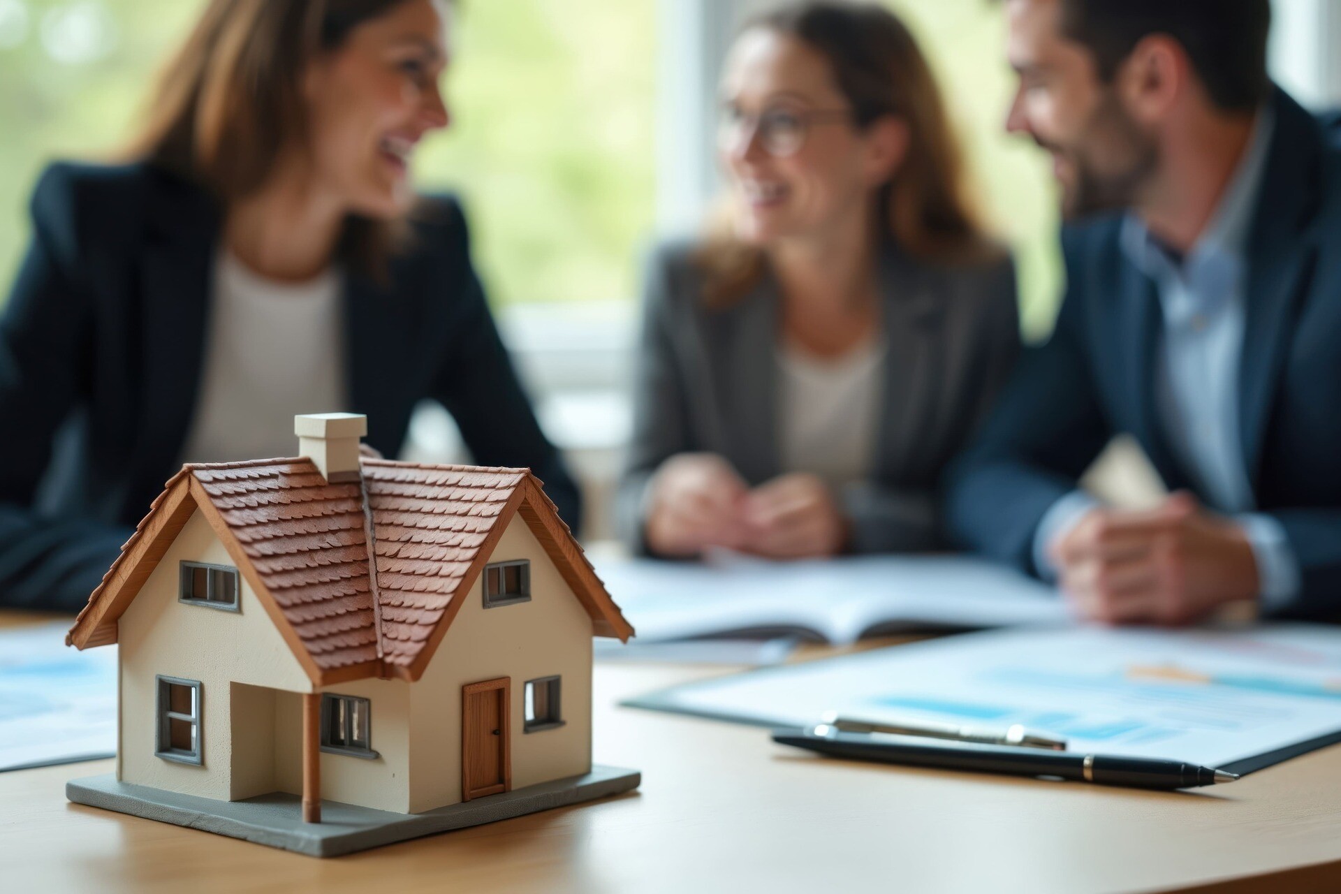 Ein Paar berät sich mit einem Immobilienmakler über einen Hausentwurf und die Unterlagen auf dem Tisch. Die beiden planen eine zukünftige Investition und besprechen den Immobilienkauf. Gespräch über das Eigenheim