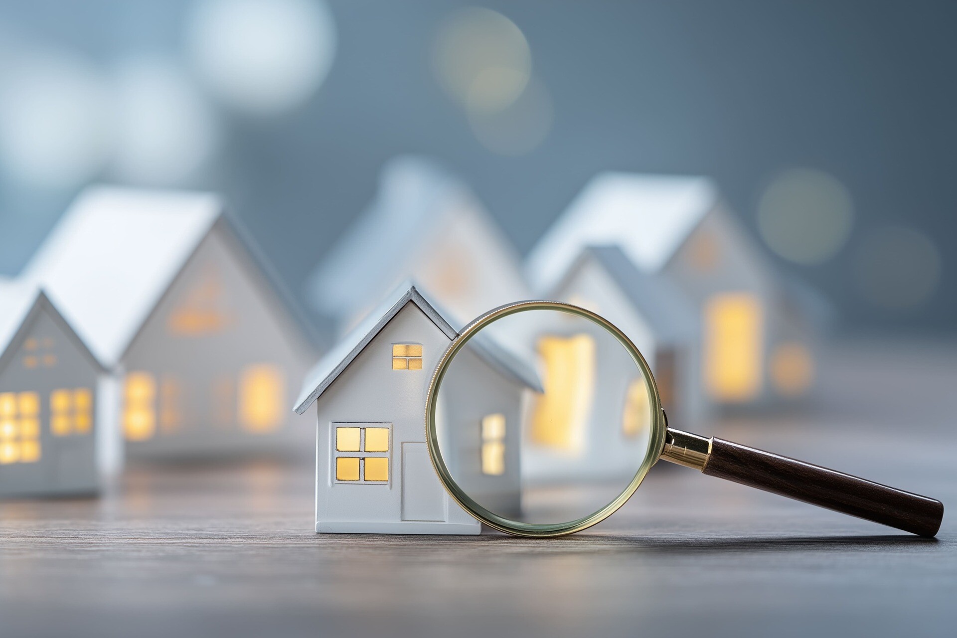 Eine klare, moderne Szene mit Miniaturhäusern und einer Lupe, die die Online-Immobiliensuche, die Prüfung von Angeboten und die Auswahl einer Immobilie symbolisiert.