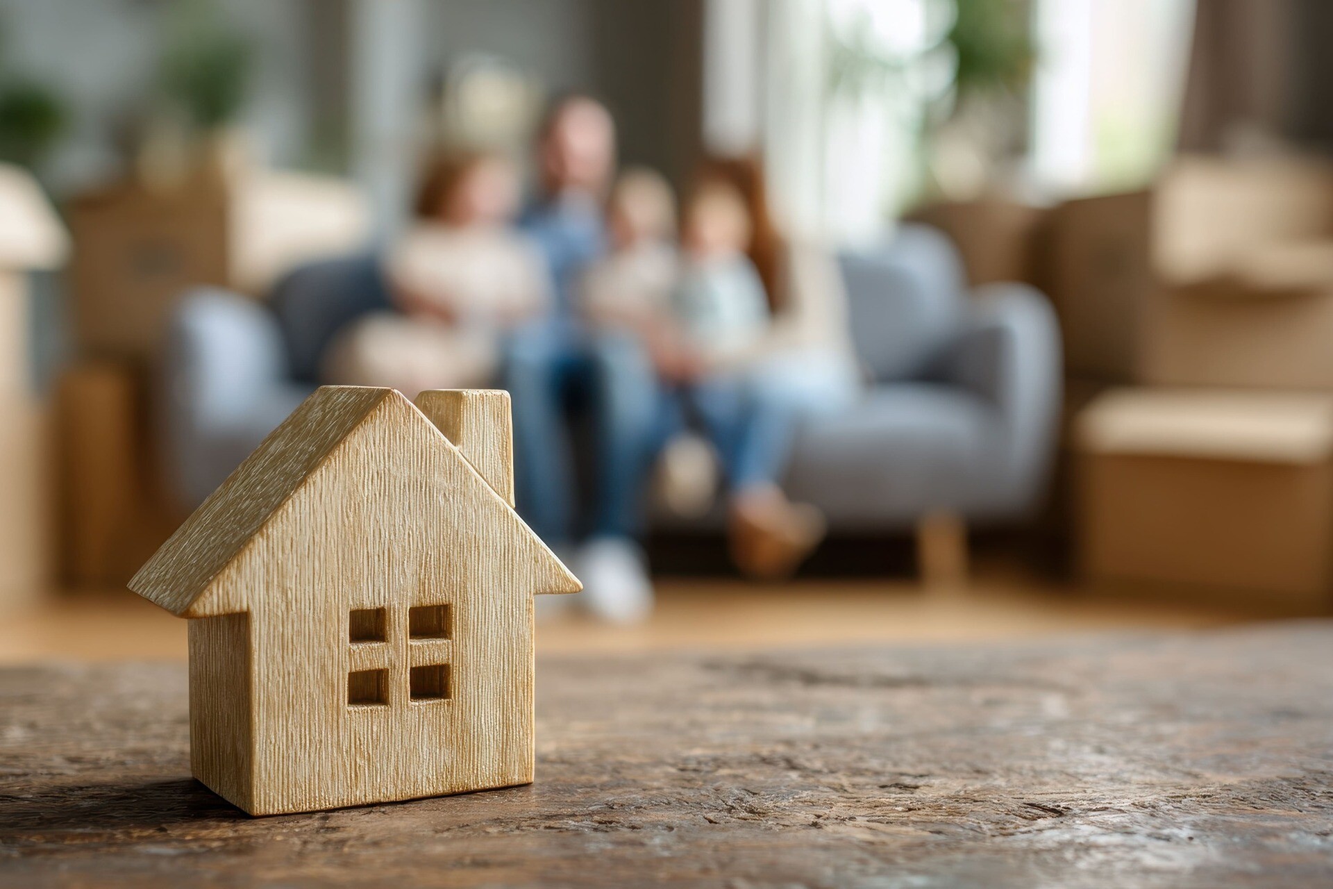 Nahaufnahme eines Holzhausmodells auf einem Tisch, daneben eine Familie auf einem Sofa in einem gemütlichen Zimmer, umgeben von Umzugskartons