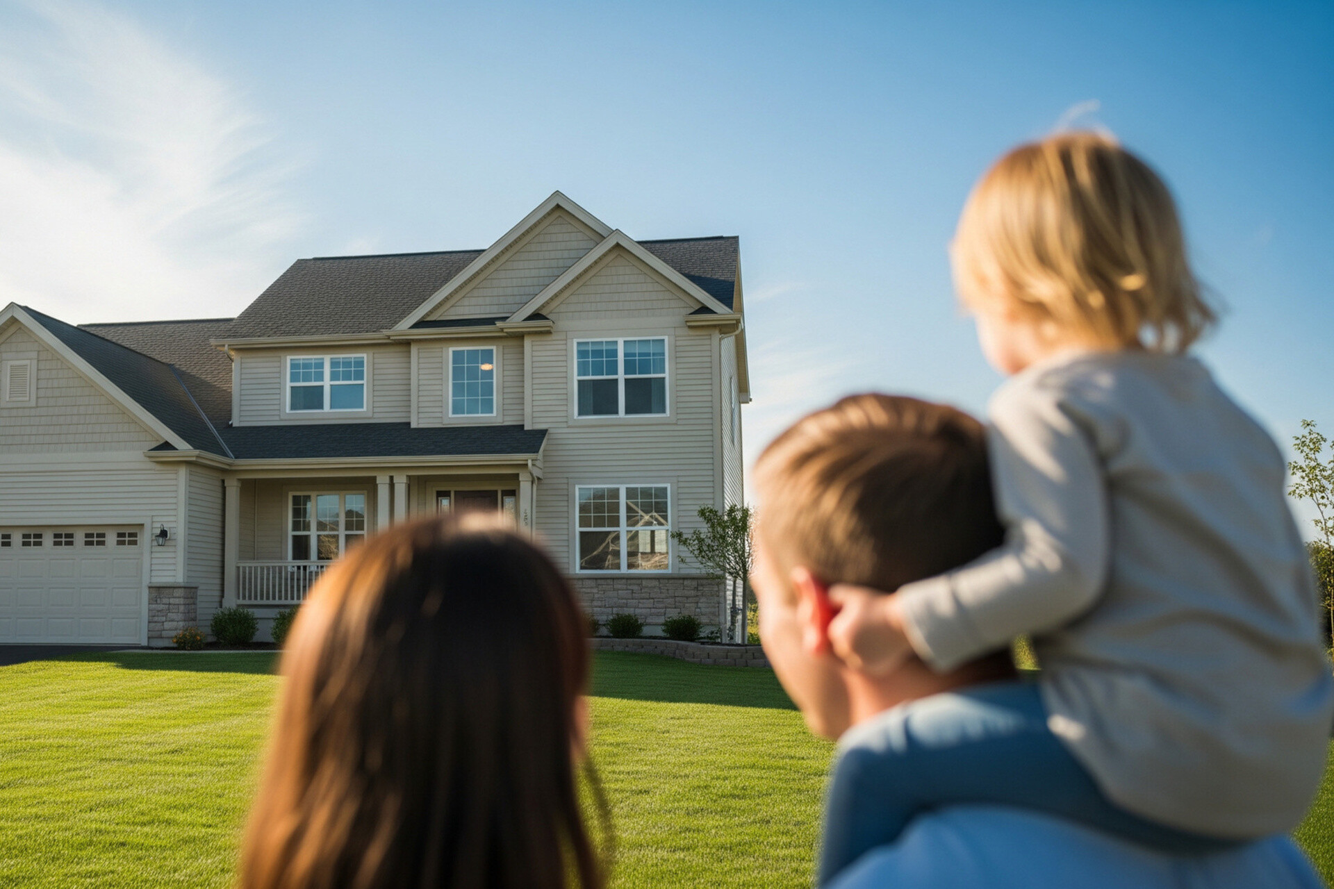 Rückansicht einer jungen Familie mit Kind, die ihr neues Haus und den grünen Rasen betrachtet
