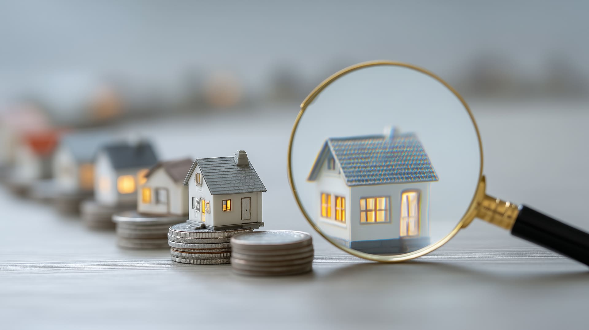 Miniaturhäuser auf gestapelten Münzen, eines durch Lupe hervorgehoben.