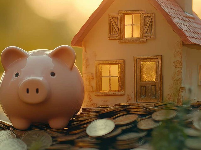 Modellhaus und Sparschwein auf Münzen: Symbol für mehr Finanzierungsleistung