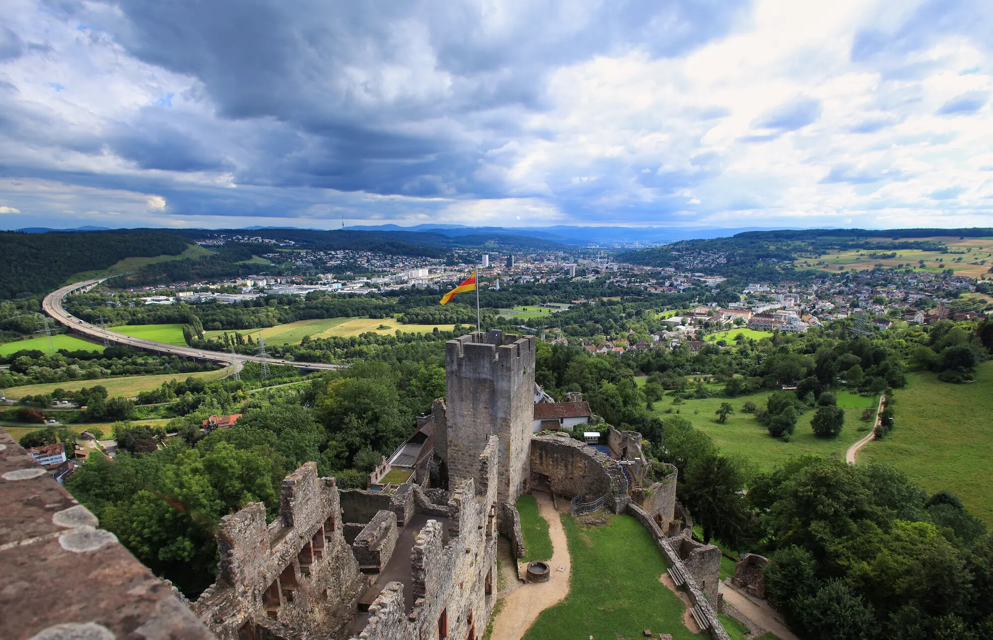 View of the city of Lörrach and the keep of the castle ruins Rötteln, Baden-Württemberg - Germany
