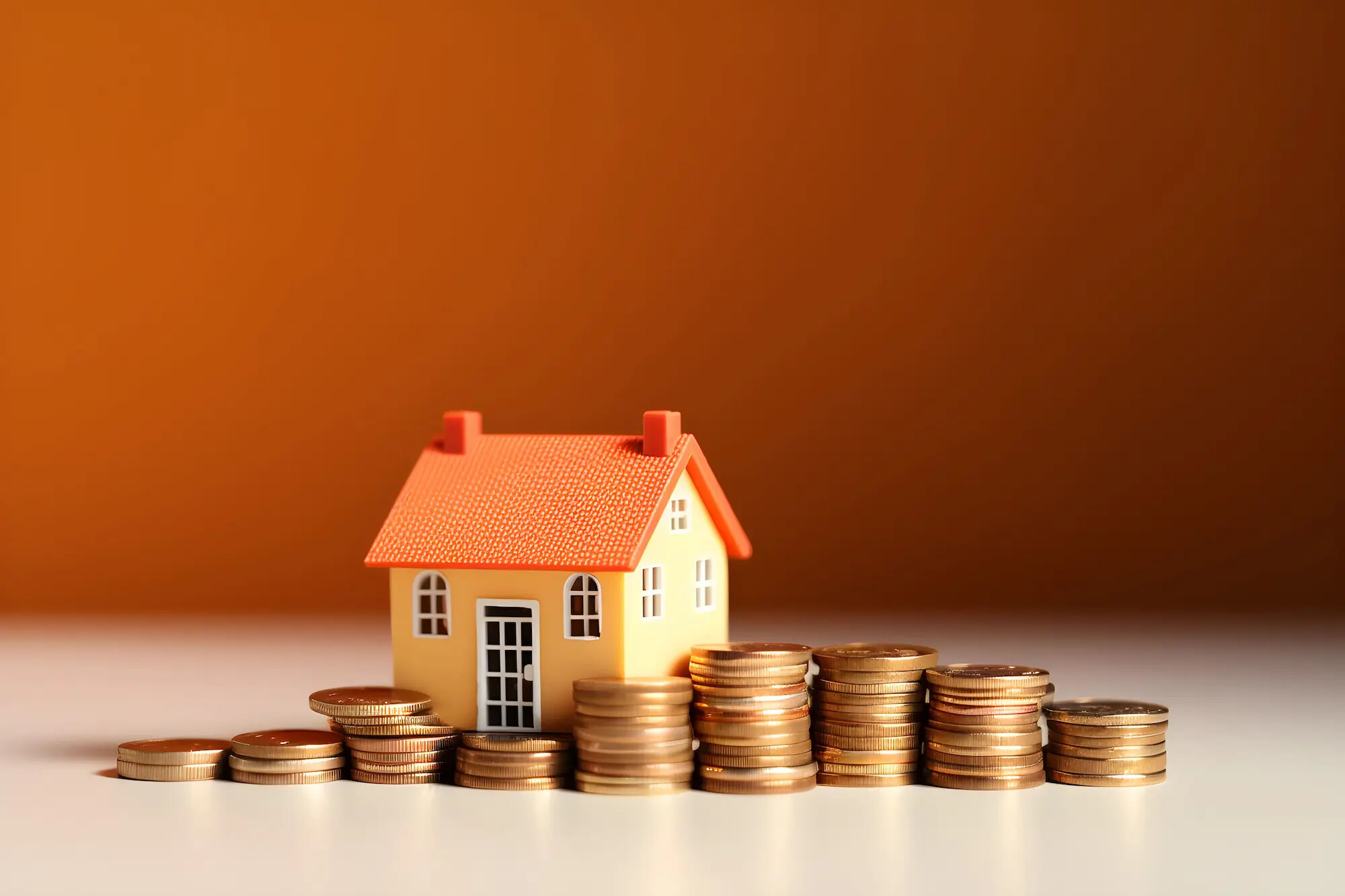 Gelbes Spielzeughaus mit rotem Dach auf einer ansteigenden Reihe von Goldmünzen – Symbol für Wertsteigerung bei Immobilien, Immobilienrendite und langfristigen Vermögensaufbau.
