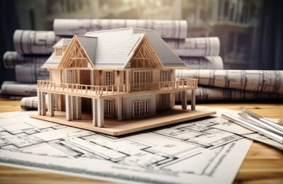 Ein Hausmodell aus Holz steht auf Bauplänen