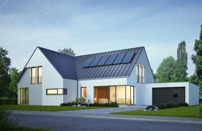 Ein modernes Einfamilienhaus mit Garage und Solaranlage