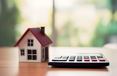 Ein Modellhaus steht neben einem Taschenrechner auf einem Tisch