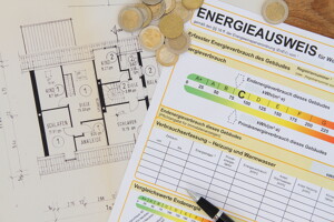 Energieausweis mit Münzen und einem Stift