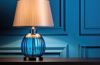 Tischlampe in blauem Raum