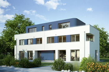 Ein modernes Doppelhaus in weiß und blau