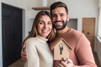 Junges Paar mit Hausmodell und Schlüssel