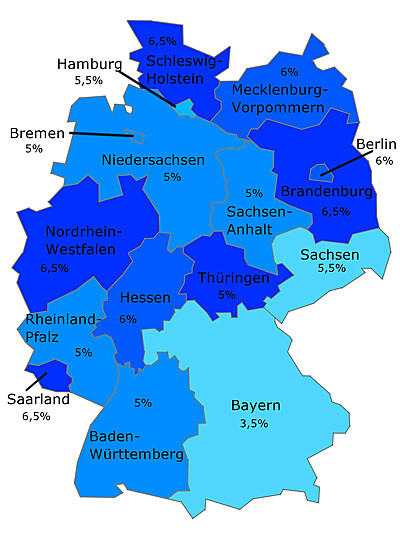 Karte von Deutschland mit der Grunderwerbssteuer nach Bundesländern