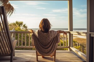 Frau sitzt in einem Stuhl auf der Terrasse