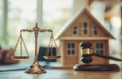 Ein Hausmodell, Richterhammer und Waage zur Immobilienerbschaft in Lörrach, Weil am Rhein, Schopfheim oder Steinen