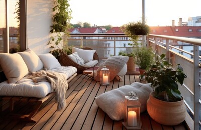 Ein Balkon mit Couch und Sitzkissen
