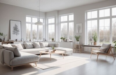 Ein helles Wohnzimmer mit Sitzmöbeln