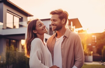 Paar vor dem Haus bei Sonnenuntergang