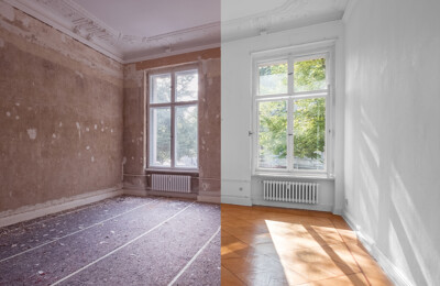 Vergleich eines Raumes vor und nach der Renovierung