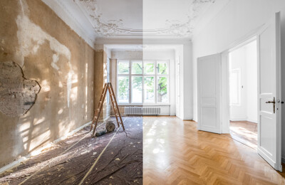 Ein Raum im Vergleich vor und nach der Renovierung