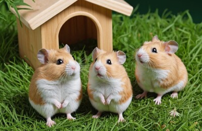 Drei Hamster vor einem kleinen Holzhaus