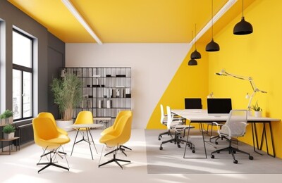 Ein modernes Büro mit Arbeitsplätzen und Meetingbereich