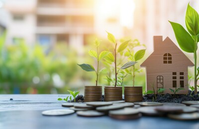 Münzen und Pflanzen neben Modellhaus