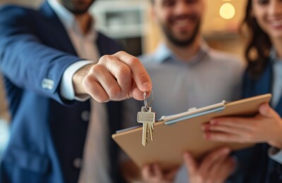 Makler hält Schlüssel in die Kamera