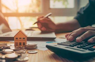 Person am Schreibtisch mit Taschenrechner, Modellhaus und Münzen für die Finanzierung