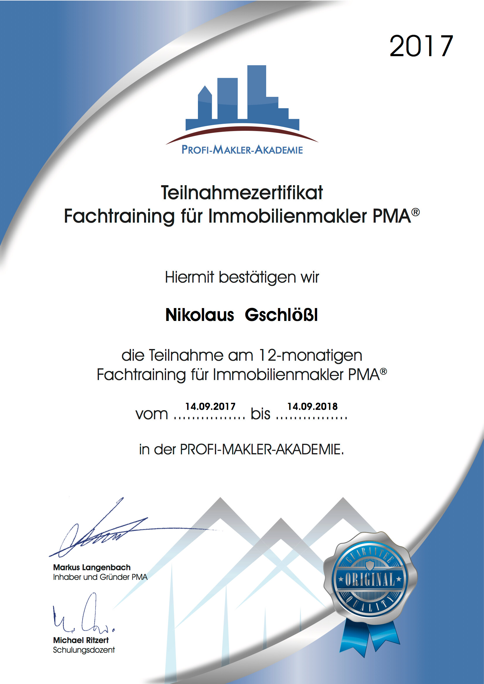 Zertifikat 2017 Nikolaus Gschlößl