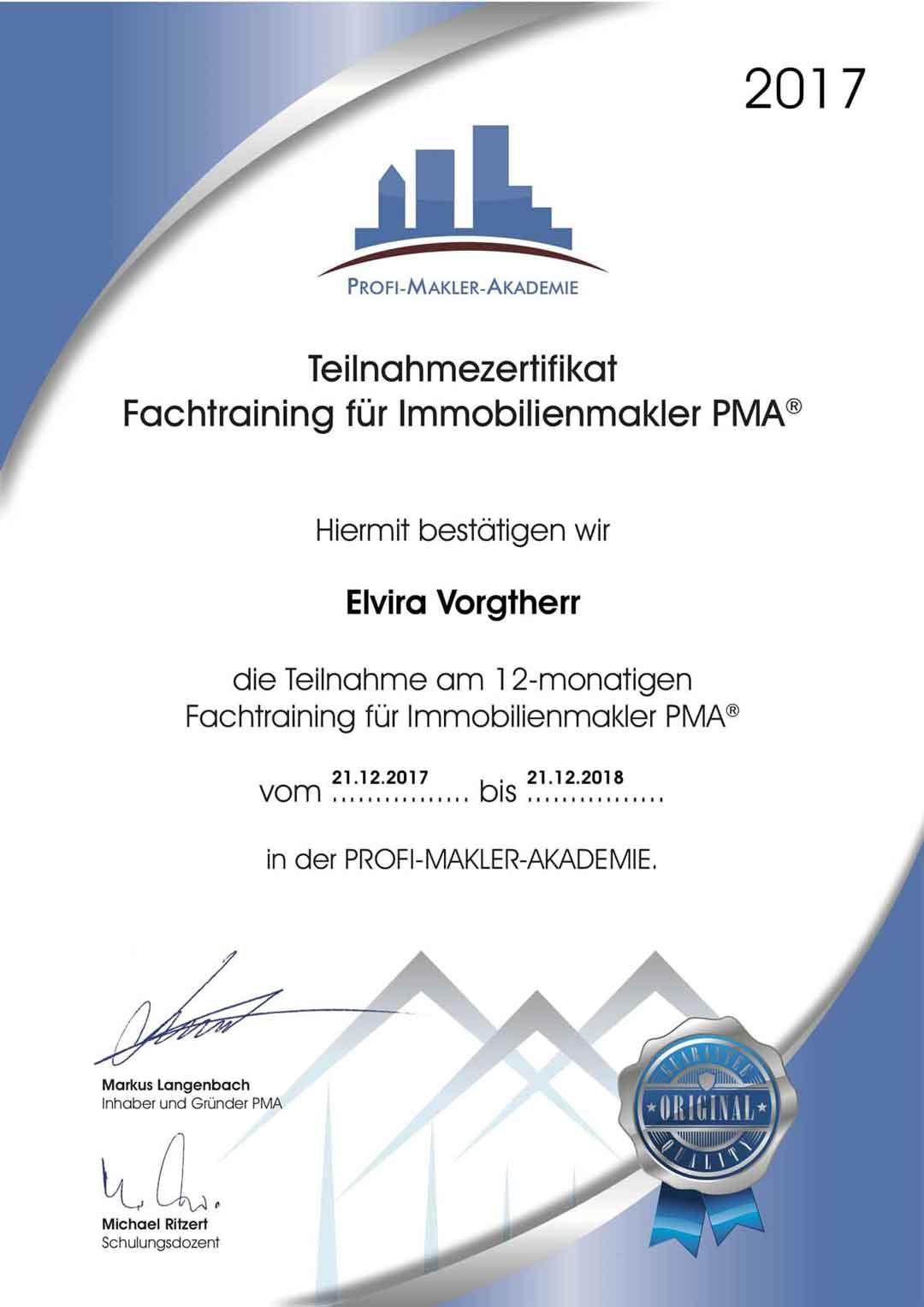 Zertifikat 2017 Elvira Vogtherr