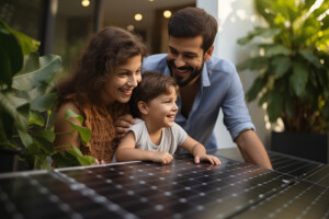 Familie mit einem Solarpaneel