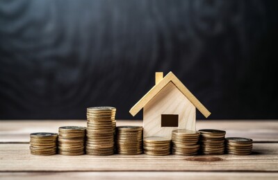 Mehrere Münzstapel und ein Hausmodell aus Holz