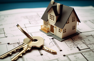 Modellhaus auf Grundriss mit Schlüssel