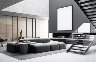 Modernes offenes Wohnzimmer mit Treppenaufgang