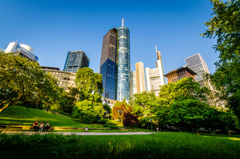 Blick vom Park auf das Finanzviertel von Frankfurt am Main