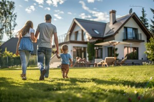 Familie läuft auf Haus zu