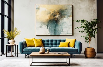 Wohnzimmer in türkis und gelb