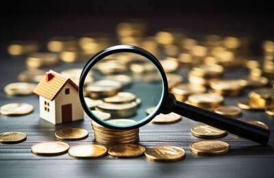 Lupe auf einem Geldstapel mit kleinem Haus im Hintergrund